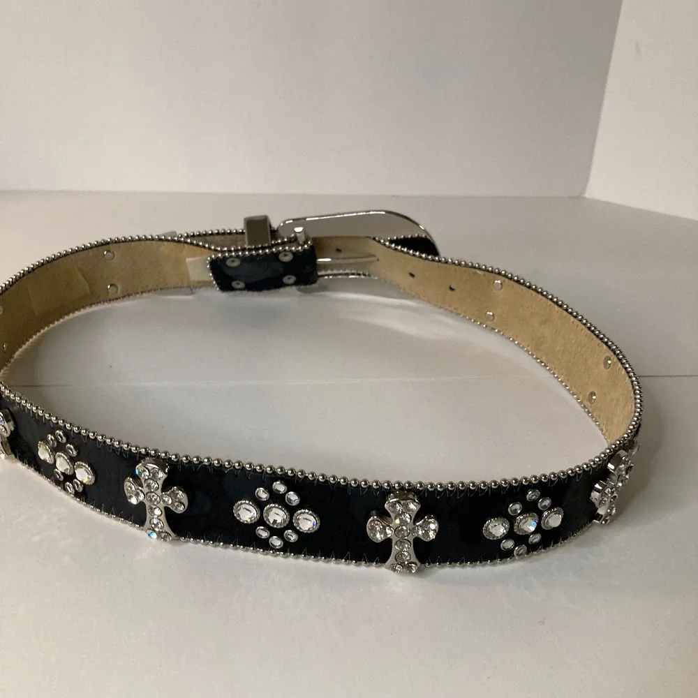 Vintage 1849 Authentic Ranchwear Rhinestone Cross Calfhair Belt 34-L Black 1.5